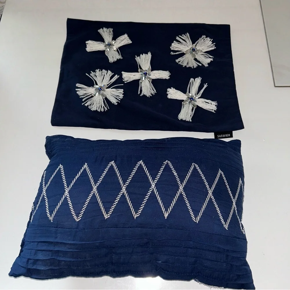🍀3 for &25 Safavieh Throw Pillow Navy Blue White Tassel Star Crystal Beaded
